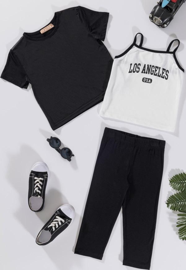 3'lü Los Angeles Baskılı Tshirt Atlet Tayt Siyah Takım - Image 1