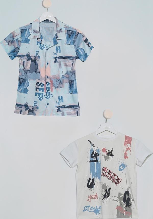 2'li See Baskılı Gömlek Tshirt İndigo Takım - Image 1