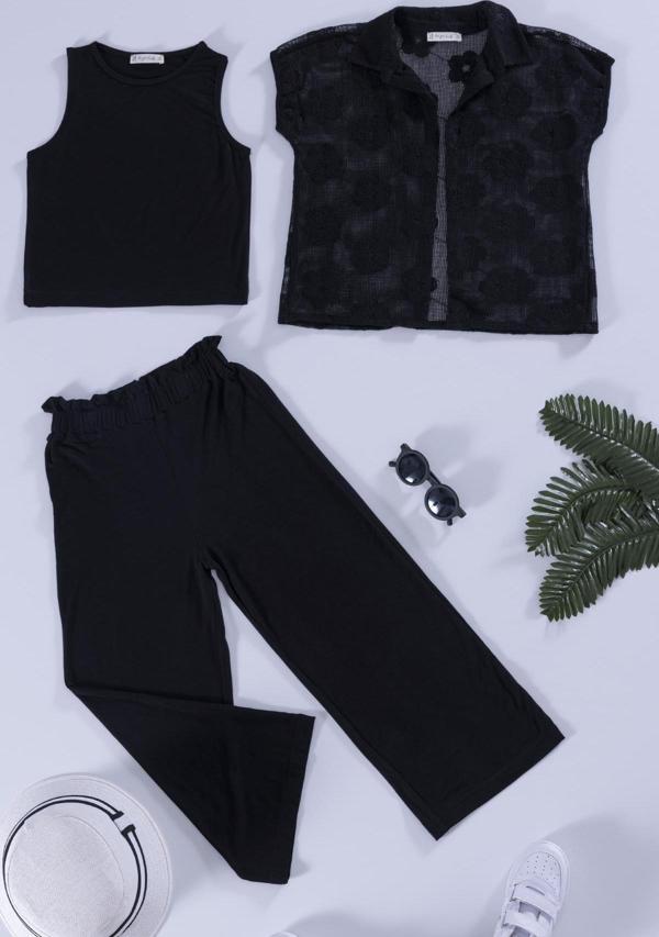 3'lü Çiçek Brodeli Siyah Gömlek Tshirt Pantolon Takım - Image 1
