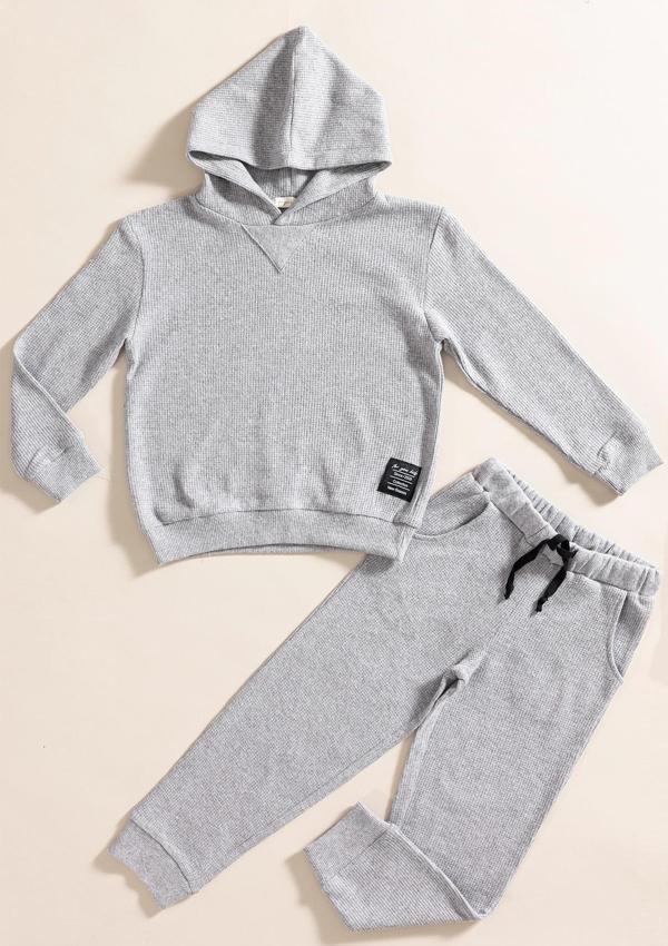 2'li Kapişonlu Koyu Gri Waffle Sweat Jogger Alt Üst Takım - Image 1