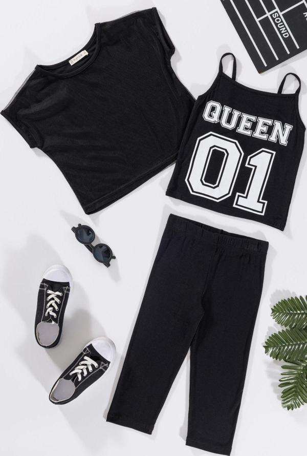 3'lü Queen Baskılı Siyah Tshirt Atlet Tayt Siyah Takım - Image 1