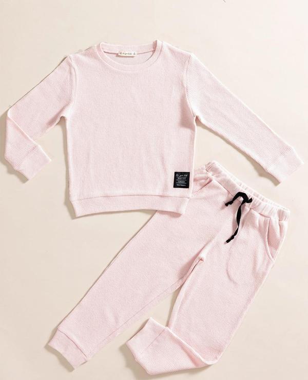 2'li Pamuk Waffle Sweat Jogger Pembe Alt Üst Takım - Image 1