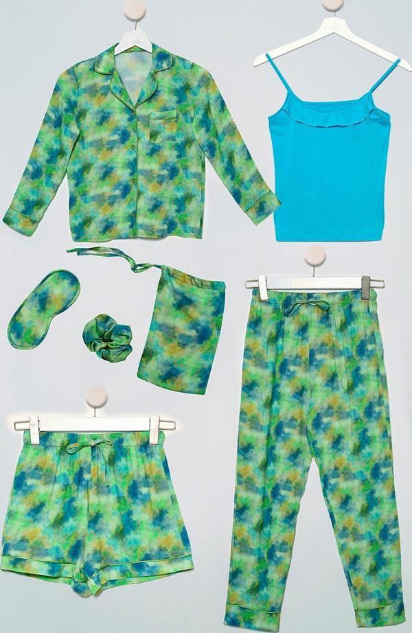 7'li  Biyeli Batik Yeşil Pijama Takımı - Image 1