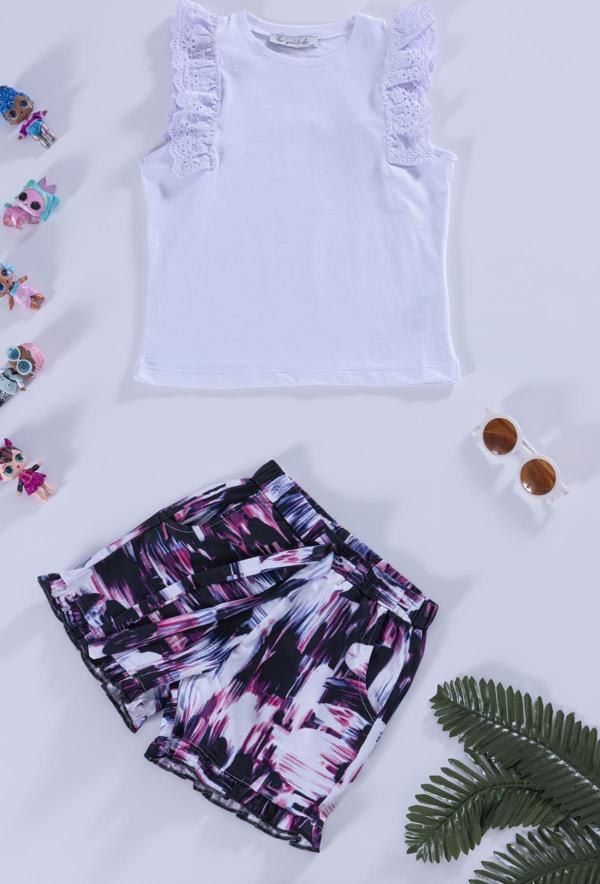 Omuz Dantelli Mor Beyaz Bluz Şort Takım - Image 1