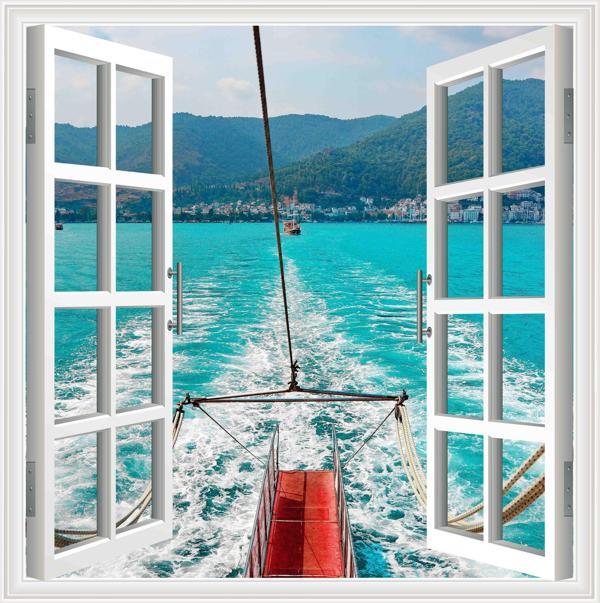 Pencere Poster Duvar Kağıdı Deniz Dağ Yapışkanlı Sticker - Image 1