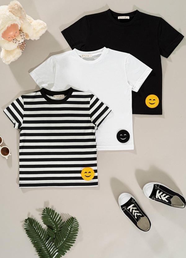 3'lü Emoji Detaylı Siyah Beyaz Çizgili Erkek Çocuk Tshirt - Image 1
