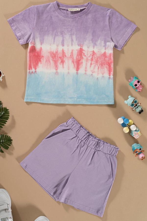 Batik Yıkamalı Lila Tshirt Şort Takım - Image 1