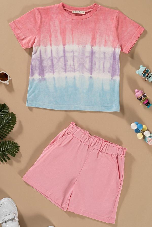 Batik Yıkamalı Pembe Tshirt Şort Takım - Image 1