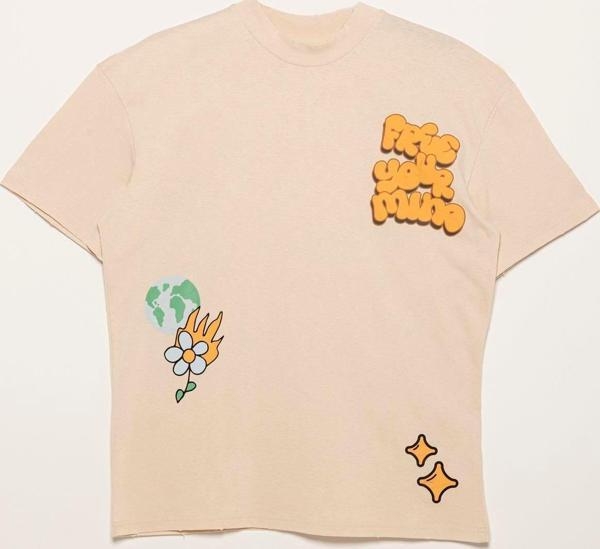 Baskılı Eskitme Detaylı Taş Rengi Tshirt  - Image 1