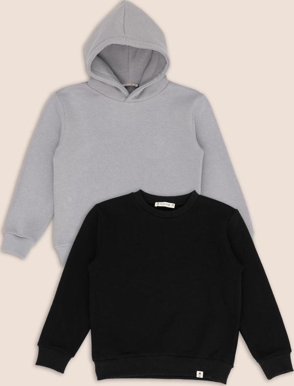2'li Siyah Bisiklet Yaka ve Gri Kapişonlu Erkek Çocuk Sweatshirt - Image 1