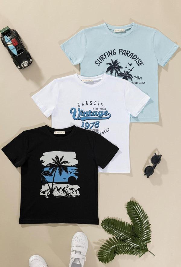 3'lü Safari Baskılı Siyah Beyaz Mavi Tshirt - Image 1