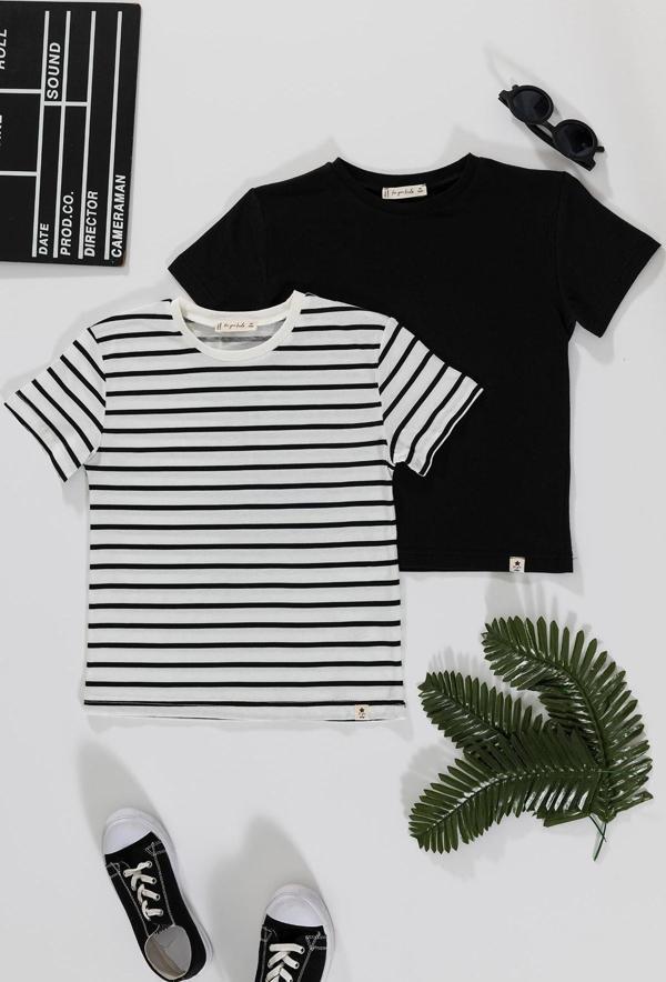 2'li Cizgili Siyah Beyaz Tshirt - Image 1
