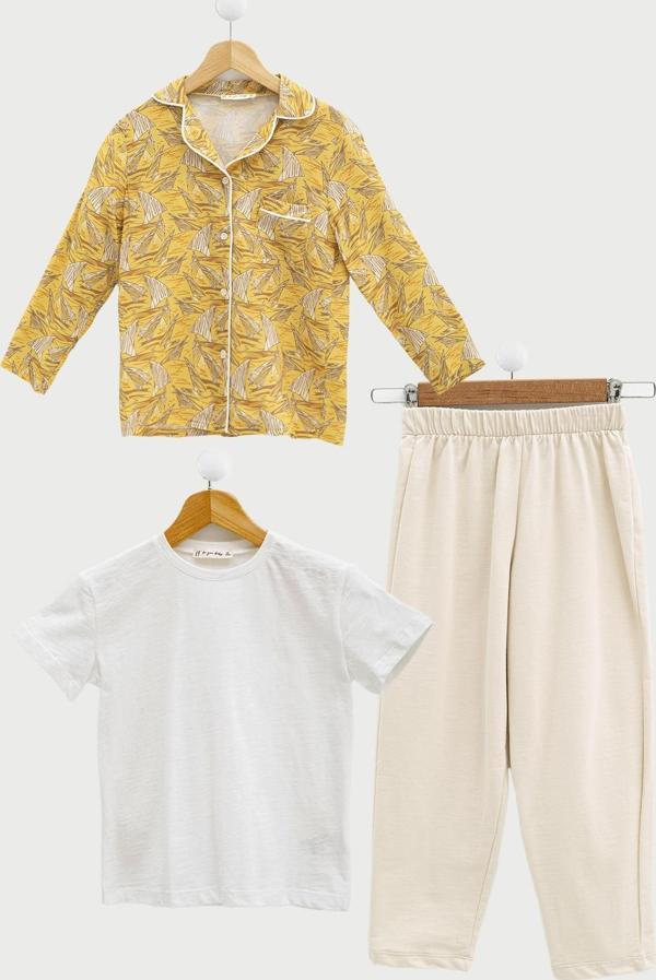 3'lü Ara Biyeli Tshirt Pantolon Taş Pijama Takımı - Image 1