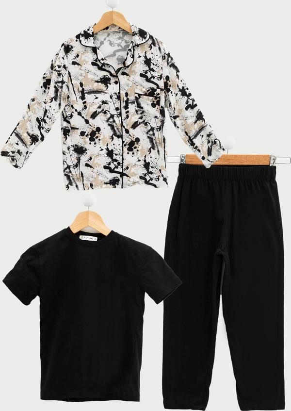 3'lü Ara Biyeli Tshirt Pantolon Siyah Pijama Takımı - Image 1