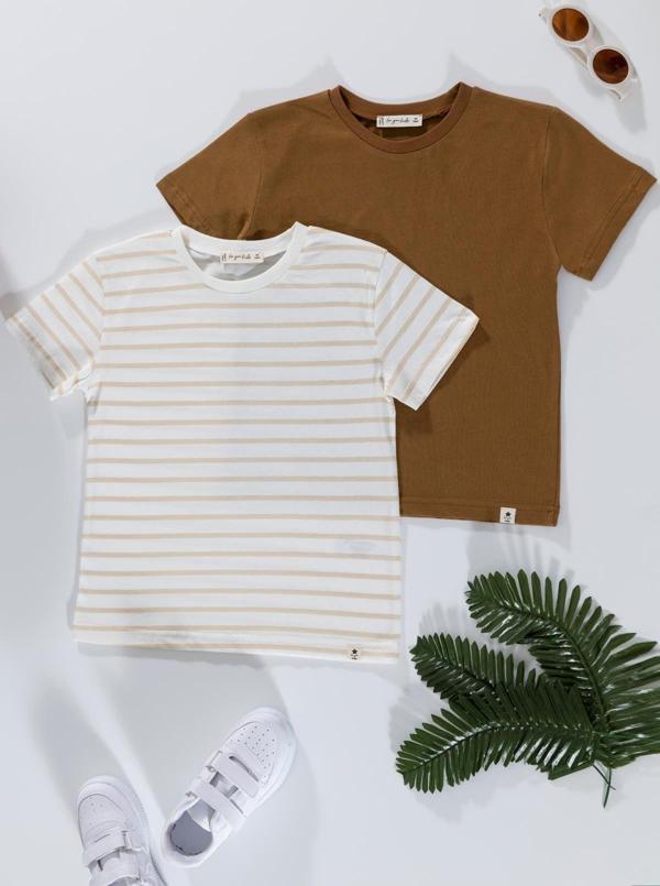 2'li Cizgili Taş Beyaz Tshirt - Image 1