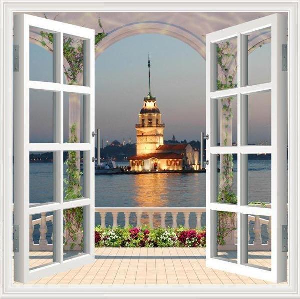 Pencere Poster Duvar Kağıdı Kız Kulesi Yapışkanlı Sticker - Image 1