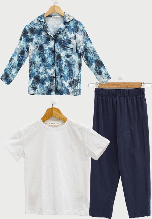 3'lü Ara Biyeli Tshirt Pantolon Saks Pijama Takımı - Image 1
