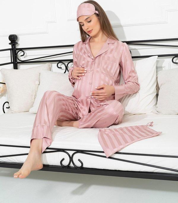 5'li Jakarlı Gül Kurusu Hamile Pijama Takımı - Image 1