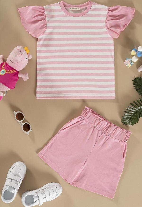 Çizgili Volanlı Kol Tshirt Şort Pembe Takım - Image 1