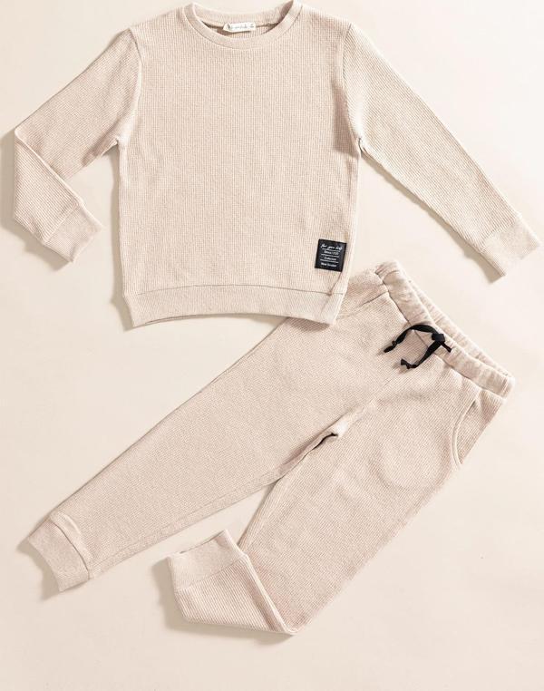 2'li Pamuk Waffle Sweat Jogger Taş Alt Üst Takım  - Image 1