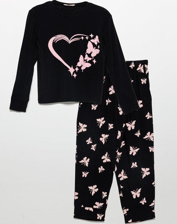 Kelebek Baskılı Doğal Viskon Siyah Pijama Takımı - Image 1