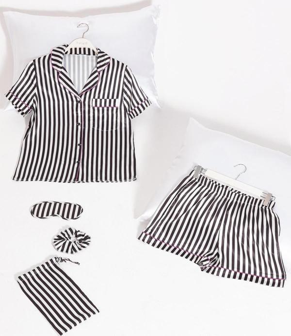 5'li Siyah Beyaz Çizgili Saten Pijama Şort Takım - Image 1