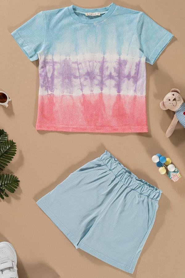 Batik Yıkamalı Mavi Tshirt Şort Takım - Image 1