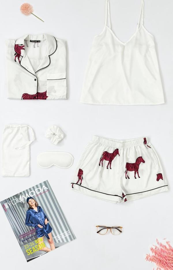 6'lı Zebra Desenli Ekru Saten Pijama Şort Takım - Image 1