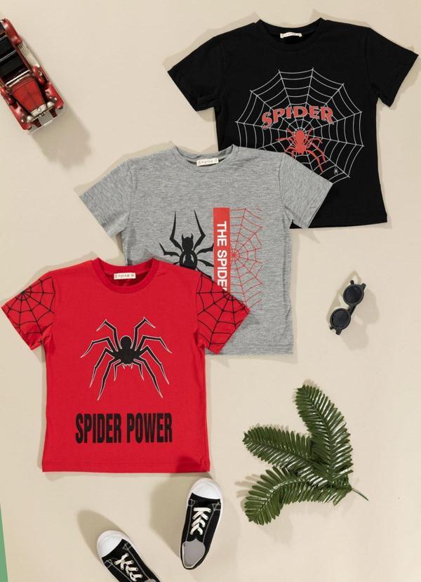 3'lü Spider Baskılı Siyah Kırmızı Gri Tshirt - Image 1