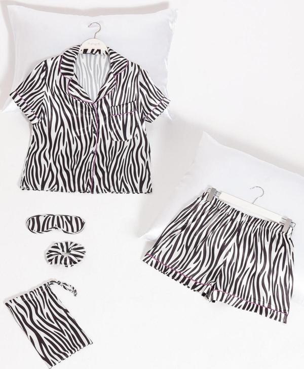 5'li Zebra Desenli Saten Pijama Şort Takım - Image 1