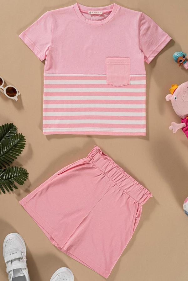 Çizgili Garnili Cepli Pembe Tshirt Şort Takım - Image 1