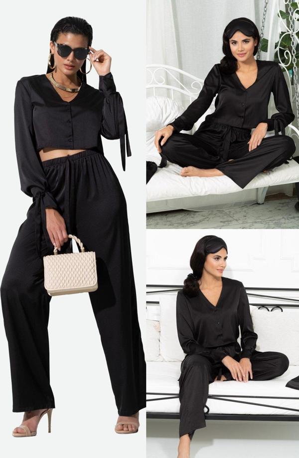 5'li İçeride&Dışarıda Kol Baglama Detaylı Siyah Pijama Takım - Image 1
