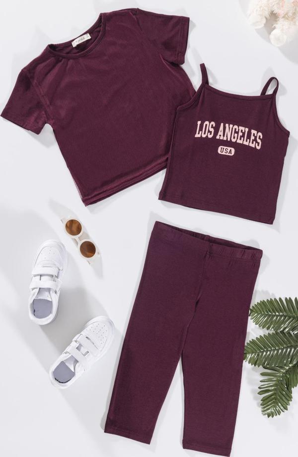 3'lü Los Angeles Baskılı Tshirt Atlet Tayt Bordo Takım - Image 1