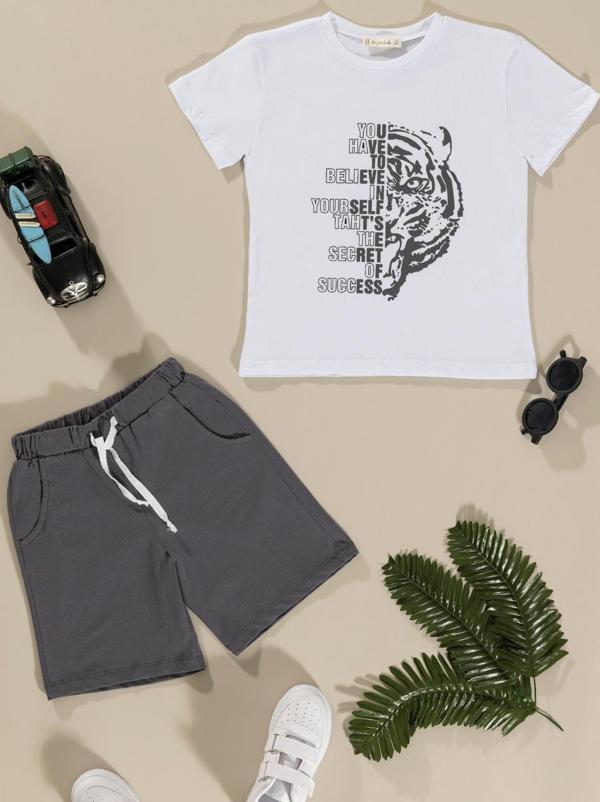 Kaplan Baskılı Beyaz Tshirt Şort Takım - Image 1