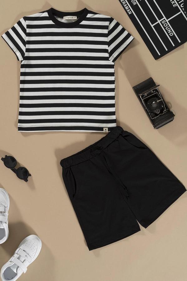 Çizgili Siyah Tshirt Şort Takım - Image 1