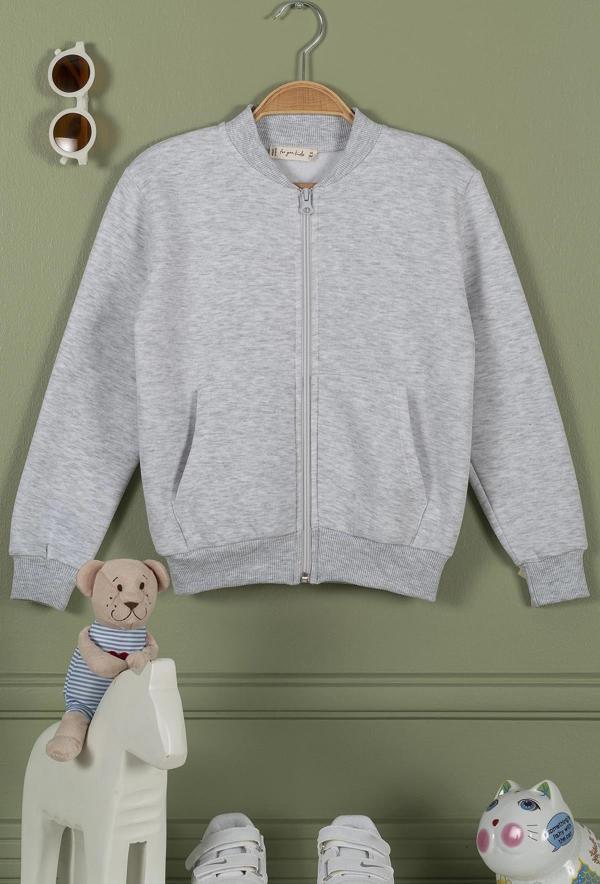 Fermuarlı Kanguru Cep Gri Kız Çocuk Ceket - Image 1