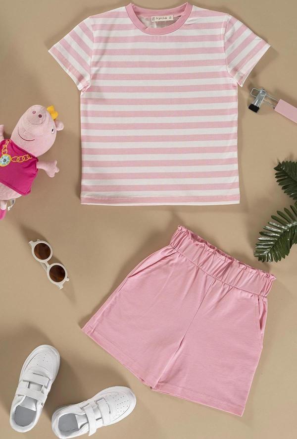 Çizgili Tshirt Şort Pembe Takım - Image 1