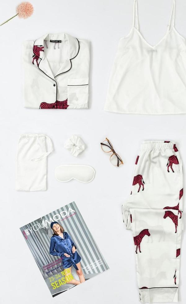 6'lı Zebra Desen Ekru Saten Pijama Takımı - Image 1