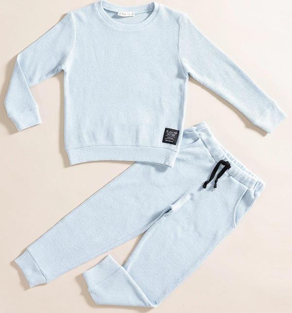 2'li Pamuk Waffle Sweat Jogger Mavi Alt Üst Takım - Image 1
