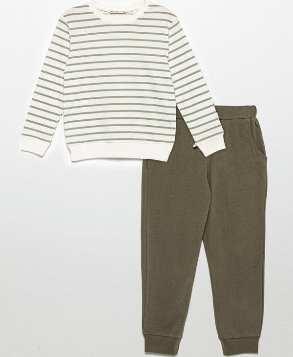 Çizgili Sweatshirt Jogger Yeşil Alt Üst Takım - Image 1