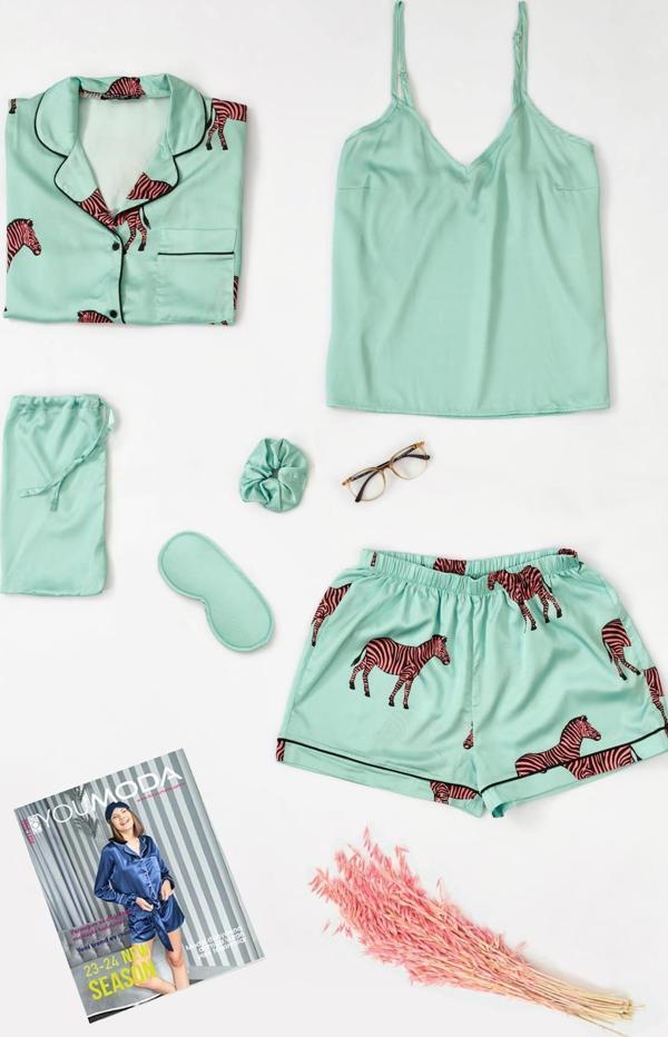 6'lı Zebra Desen Yeşil Saten Pijama Şort Takım - Image 1