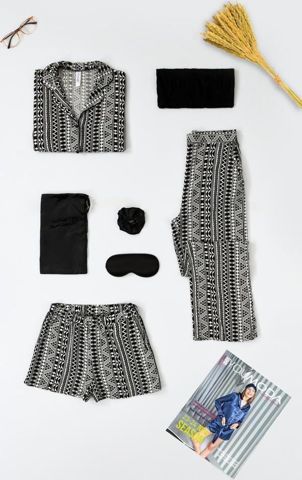 7'li Viskon Hem İçeride Hem Dışarıda Asimetrik Desen Siyah Pijama Takımı - Image 1