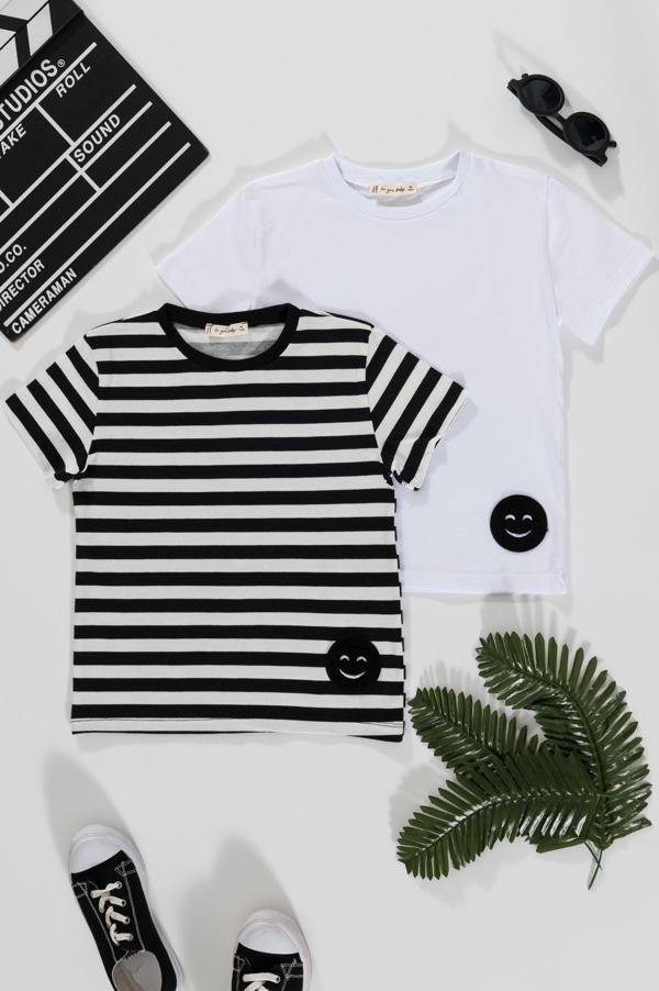 2'li Emoji Cizgili Siyah Beyaz Tshirt - Image 1