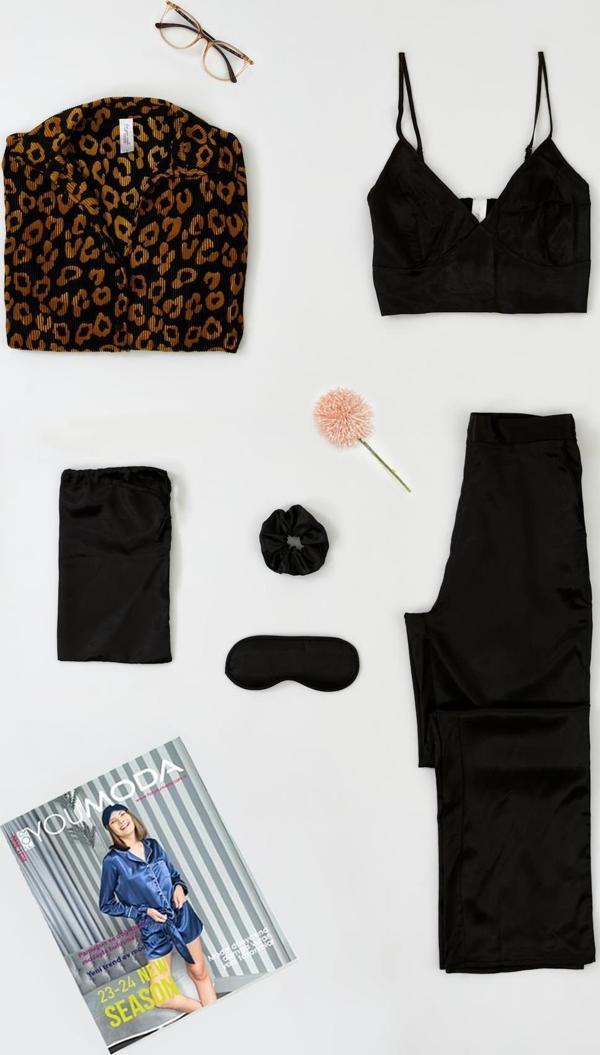 6'lı Pliseli Leopar Bustiyerli Siyah Pijama Takım - Image 1