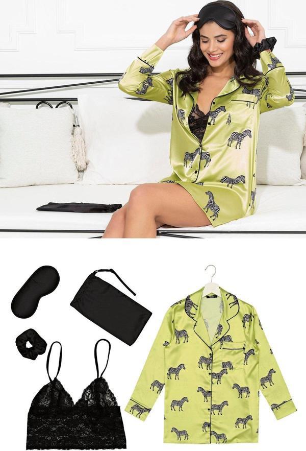 Saten 5 li Zebra Desenli Nightshirt Takım - Image 1