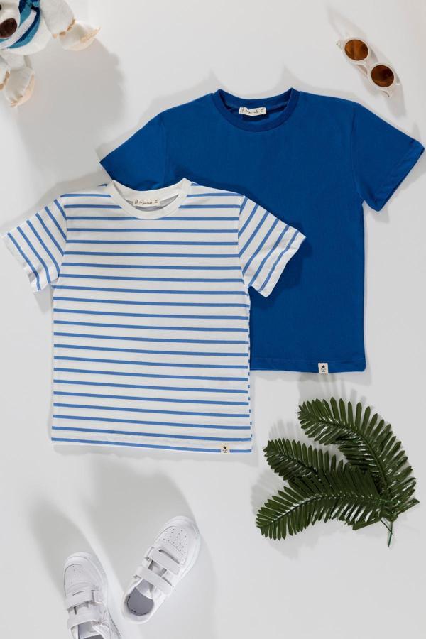 2'li Cizgili Ekru Saks Tshirt - Image 1