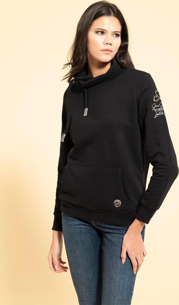 Yaka Kordon Detaylı Kanguru Cep Siyah Sweatshirt - Image 1