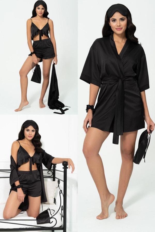 6'lı Sabahlıklı Siyah Saten Pijama Şort Takımı - Image 1