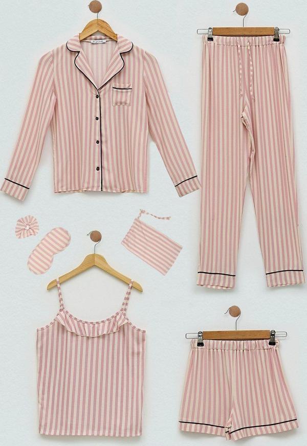 7'li Viskon Biyeli Çizgili Fuşya Pijama Takımı - Image 1