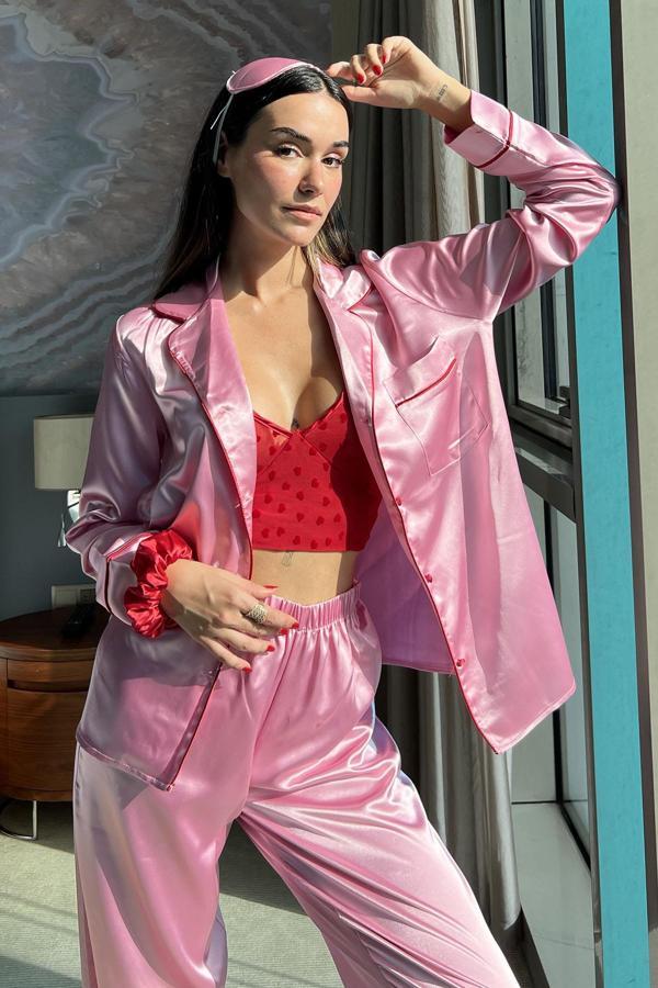 5'li Bustiyerli Biyeli Pembe Saten Pijama Takımı - Image 1